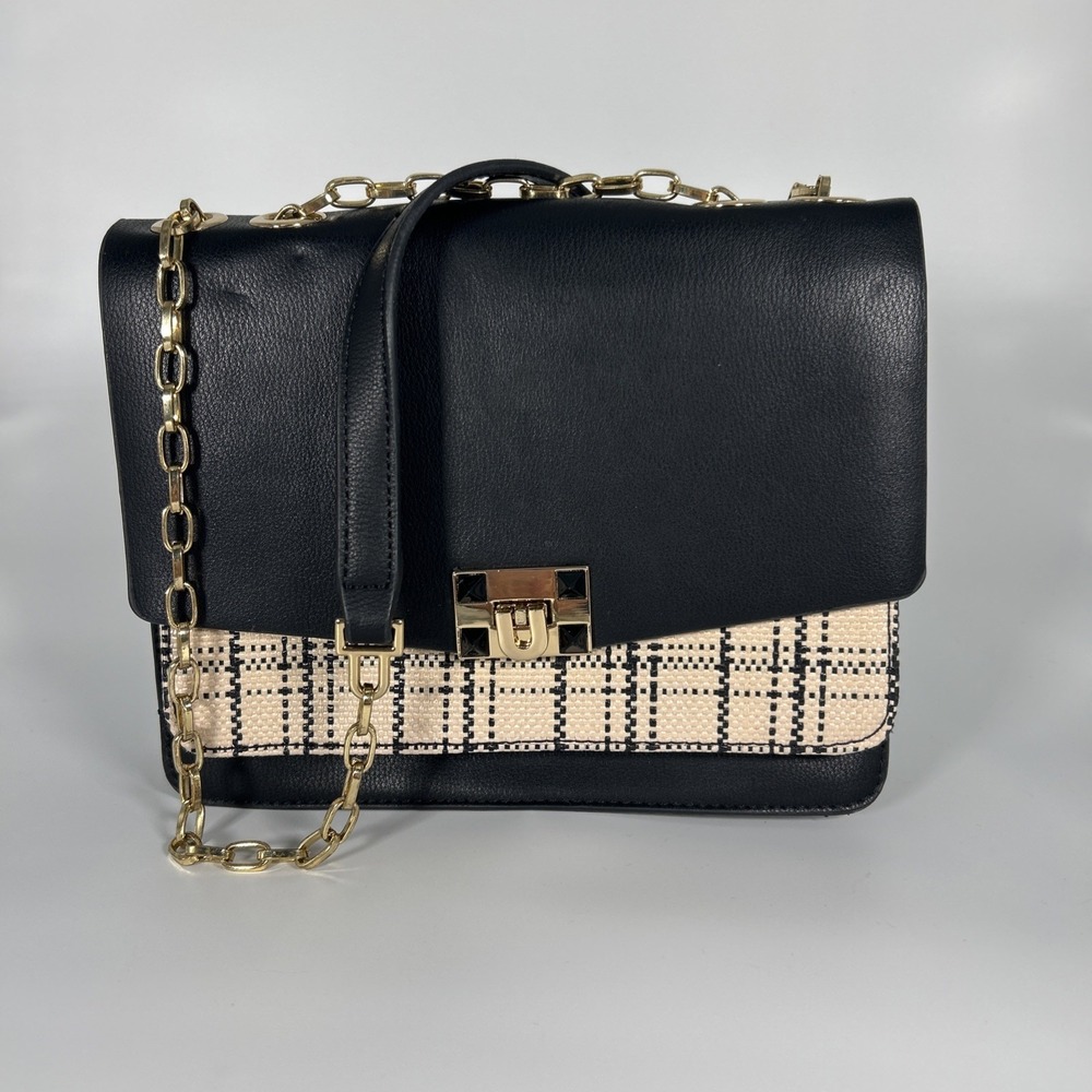 New PARFOIS Crossbody Bag Navy Blue Scottish Plaid Gold Hardware Preppy Classic